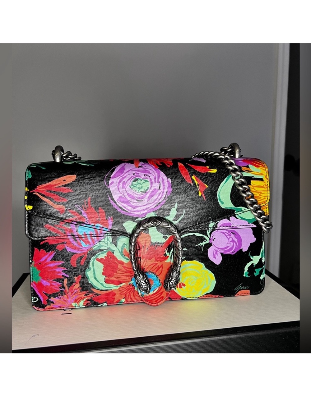 Gucci Black Floral Leather Crossbody with Silver Chain Ken Scott Dionysus auth
